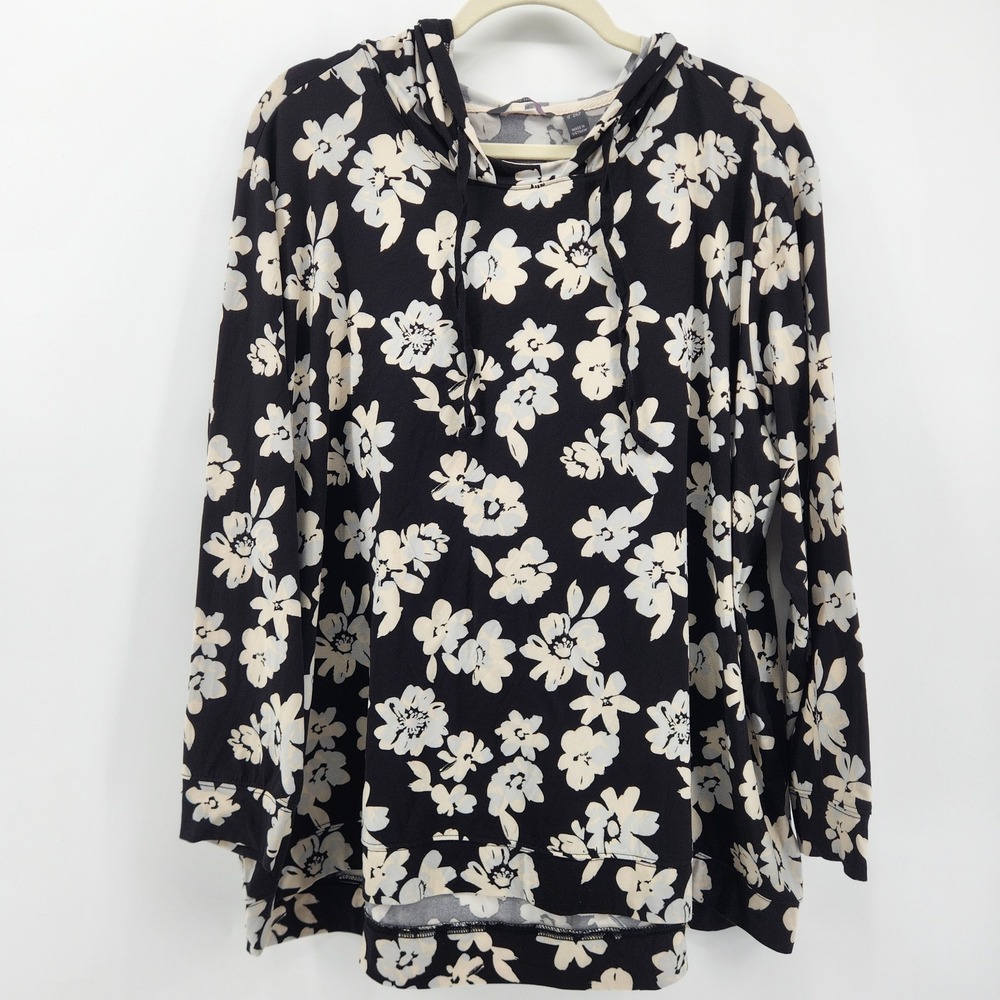 AnyBody Black Cream Floral Print Long‎ Sleeve Hooded Tunic Top Plus Size 1XP